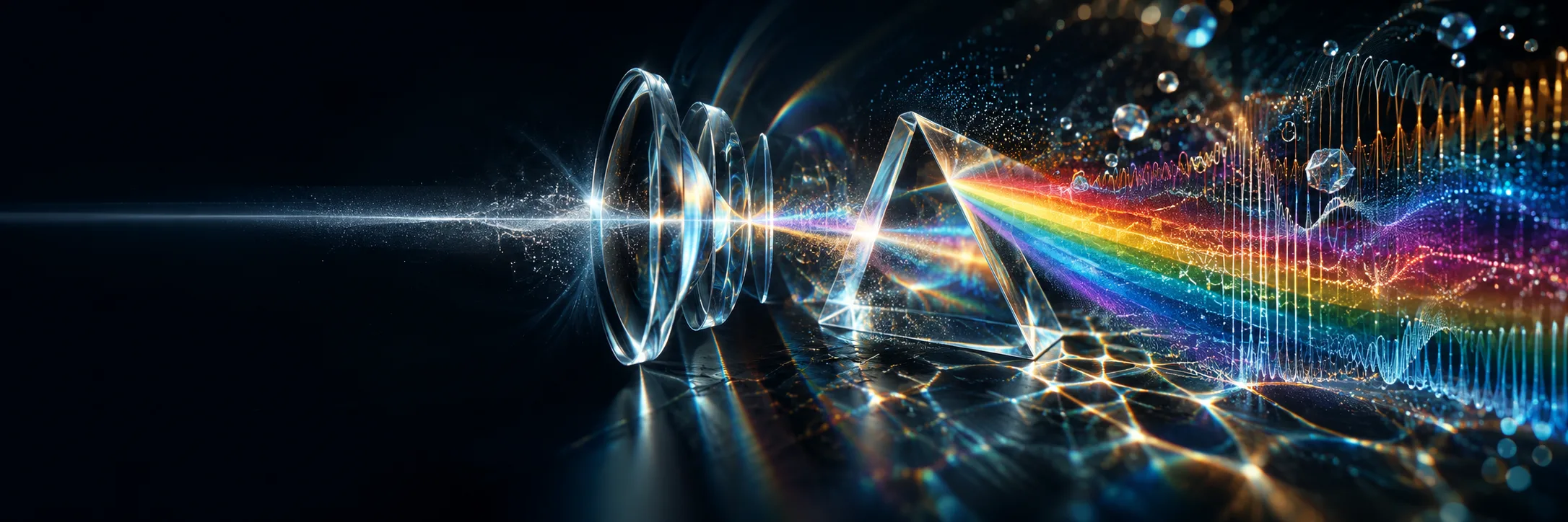 Light passing through lenses and a prism into a spectrum