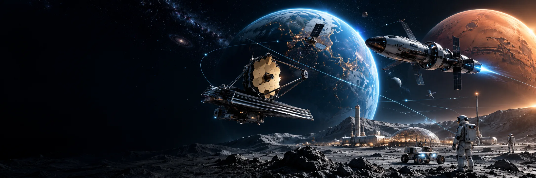 A space telescope, spacecraft and a lunar base near Earth and Mars