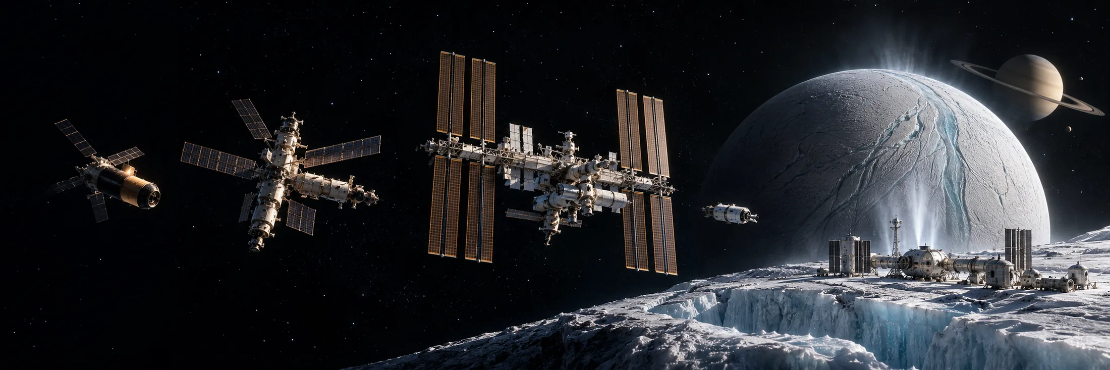 Space stations from Skylab and Mir to the ISS and a future base on Enceladus