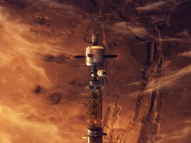 A crewed ship over Mars